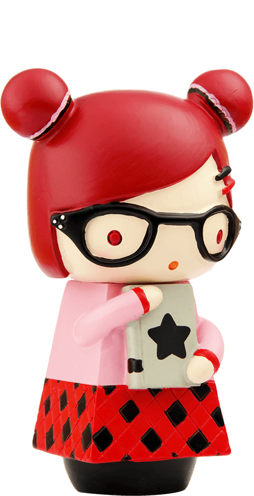 Alex Momiji doll with red hair buns, black glasses, pink outfit, and a gray tablet decorated with a black star. — Momiji Doll