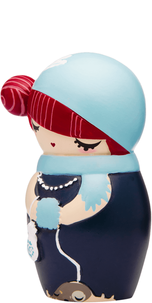 Billie D Momiji doll with red hair, blue headscarf, and closed eyes. Cute collectible character hiding a secret message inside. — Momiji Doll