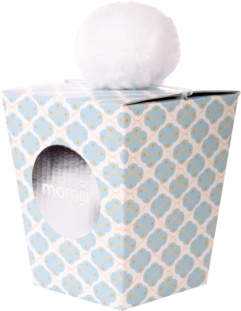 Blue and white patterned gift box with a white pom-pom, featuring a circular window showing the Billie D Momiji doll inside. — Momiji Doll