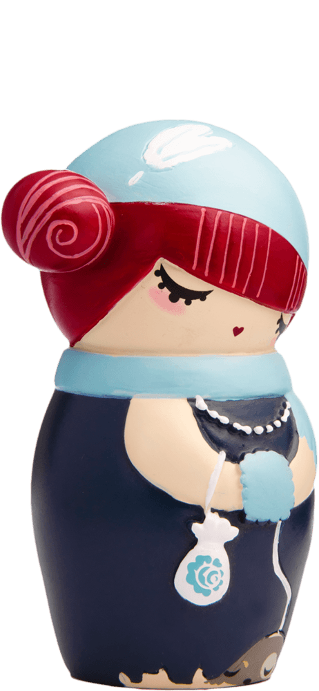 Billie D Momiji doll with red hair, closed eyes, blue scarf, and a white bag featuring a blue rose. — Momiji Doll