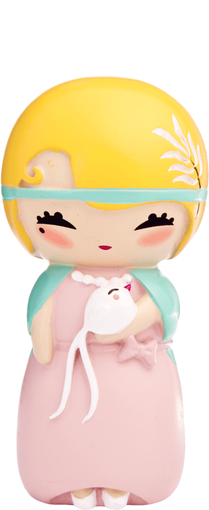 Anny O Momiji doll with blond hair, pink dress, teal scarf, and a tiny white mouse accessory. — Momiji Doll