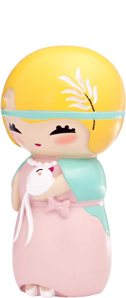 Anny O Momiji doll with yellow hair, blue headband, pink dress, and holding a tiny white animal. — Momiji Doll