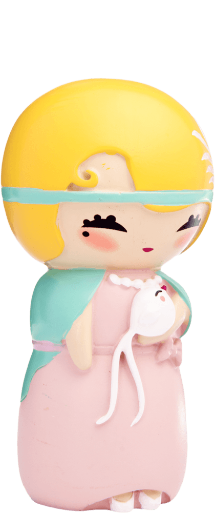 Anny O Momiji doll with blonde hair, pink dress, teal cape, and holding a white stuffed animal; collectible and kawaii. — Momiji Doll