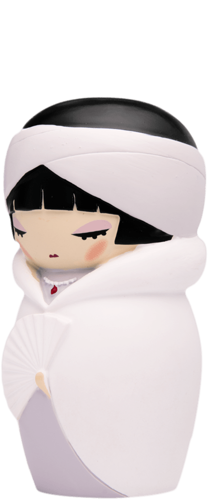 Louise B Momiji doll with black hair, pale skin, white robe, fan, and a white headdress; cute collectible character doll. — Momiji Doll