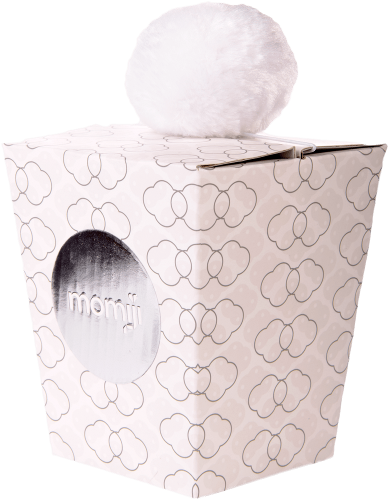 Louise B Momiji doll gift box: white with patterns, silver Momiji logo circle, topped with a large white pom-pom; kawaii style. — Momiji Doll