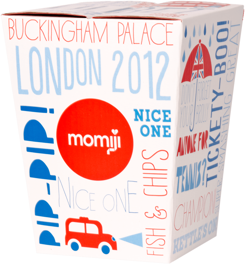 The Lilibet Momiji doll box shows British words, a red car, and the Momiji logo. Fun for collectors or as a cute gift. — Momiji Doll