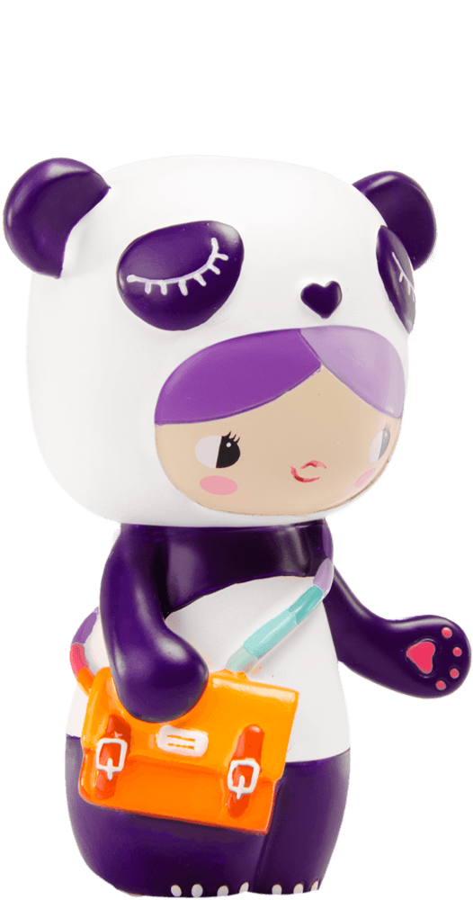 BFF Buddy Momiji doll wearing a panda hoodie, with purple hair and an orange bag on a light background. — Momiji Doll