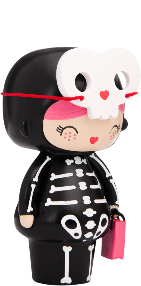 Spookie Momiji doll in a skeleton suit, pink hair, skull mask, and holding a tiny pink book. Collectible kawaii character. — Momiji Doll