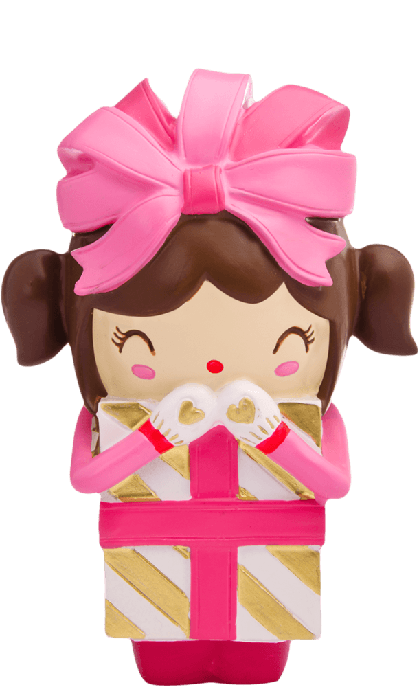 Frou Frou Momiji doll with brown hair, big pink bow, white gloves, holding a gold and pink striped gift box. — Momiji Doll