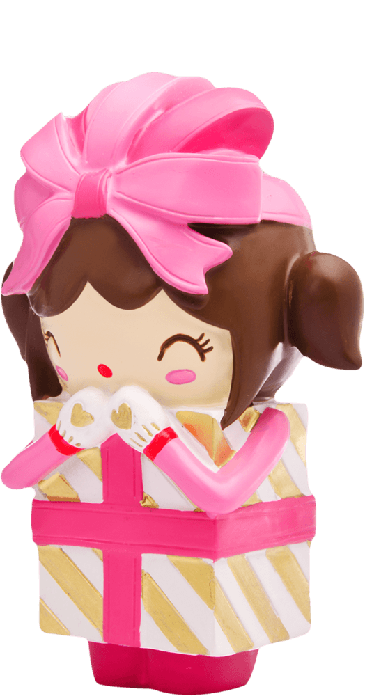 Frou Frou Momiji doll with brown hair, pink bow, and holding a gold-and-pink striped gift box. Cute collectible character. — Momiji Doll
