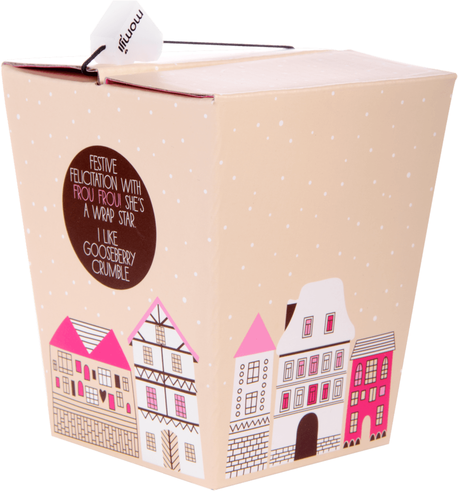 Beige gift box for Frou Frou Momiji doll, with pink and white houses, round label, and a white handle. — Momiji Doll