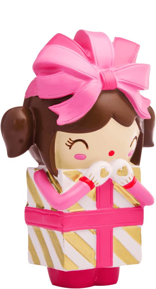 Frou Frou Momiji doll with brown hair, a pink bow, and a pastel-striped gift box outfit. Collectible character doll. — Momiji Doll