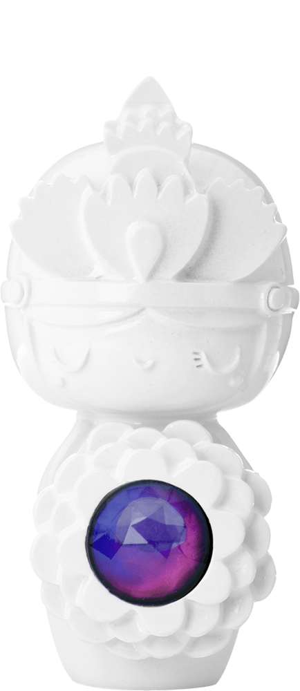 Luna Momiji doll with lotus flower, crown, and purple gem; kawaii collectible hiding a secret message inside. — Momiji Doll