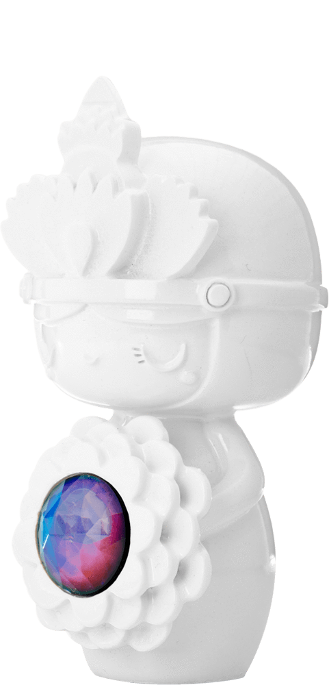 Luna Momiji doll: white figure holding a flower with a colorful gem center, kawaii collectible with hidden message inside. — Momiji Doll