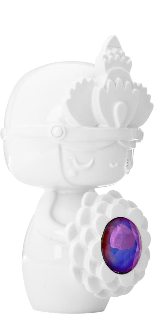 Luna Momiji doll: Kawaii white figure with a gold crown, holding a flower with a big purple gem. Secret message inside. — Momiji Doll