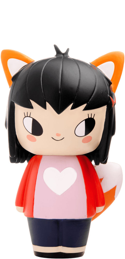 Vixen Momiji doll with fox ears, black hair, red-pink outfit, and a white heart on her shirt. Collectible kawaii character. — Momiji Doll