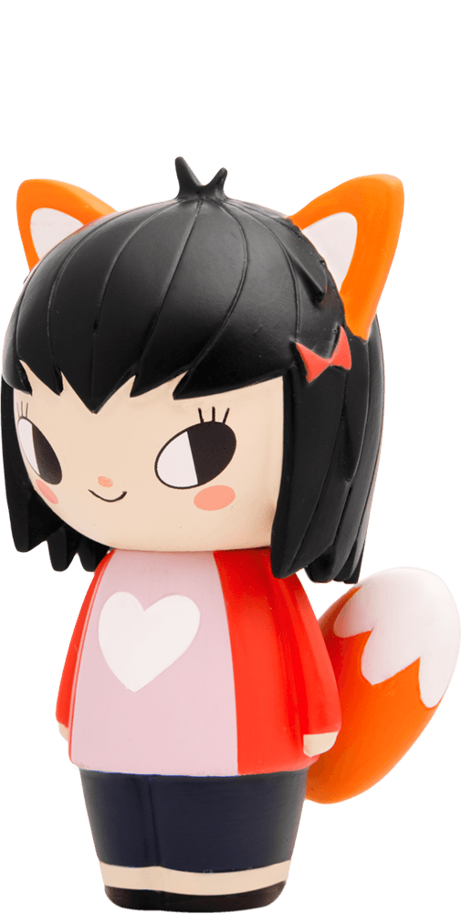 Vixen Momiji doll with fox ears, black hair, red outfit and white heart, plus red and white tail. Designed in kawaii style. — Momiji Doll