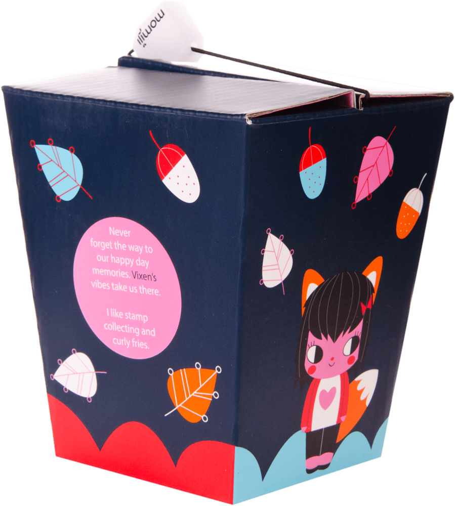 Vixen Momiji doll in heart shirt with navy takeout box, featuring acorn and leaf illustrations. Collectible and kawaii. — Momiji Doll
