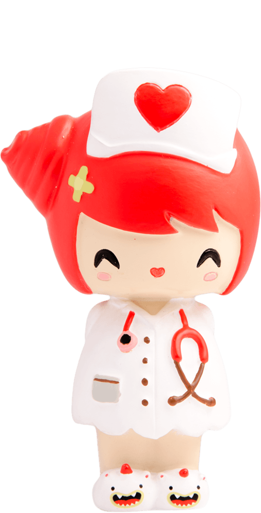 Dr Love Momiji doll: red hair, nurse outfit, heart hat, stethoscope; hides secret message inside. Cute collectible from Tokyo-Seoul culture. — Momiji Doll