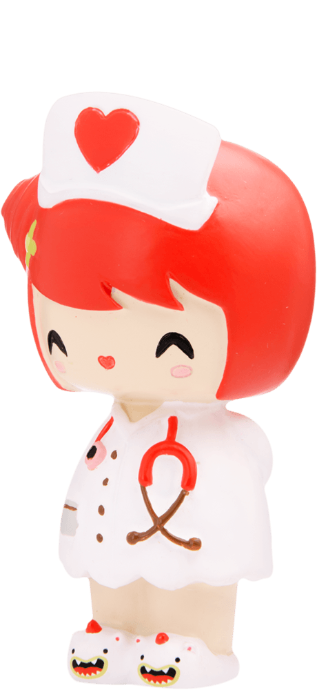 Dr Love Momiji doll with red hair, white nurse uniform, and heart-shaped hat. Vinyl collectible with secret message inside. — Momiji Doll