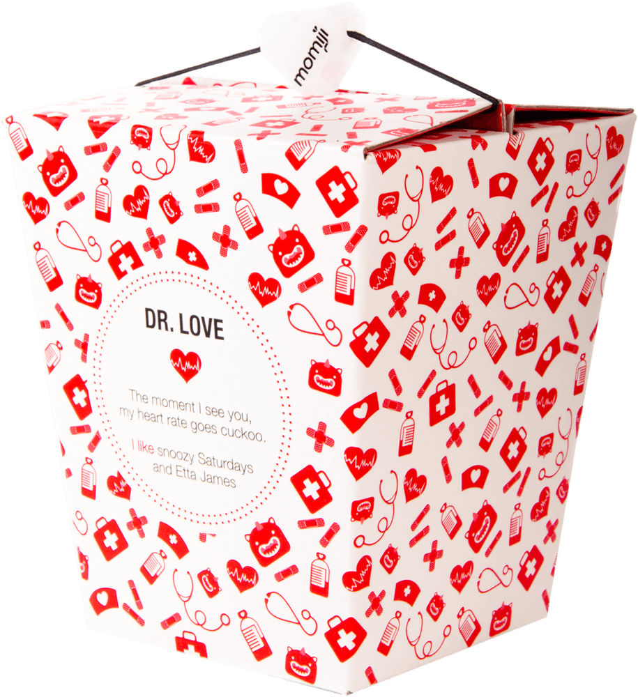 Momiji doll "Dr Love" as a white takeout box with red medical icons and label, kawaii collectible with secret message inside. — Momiji Doll