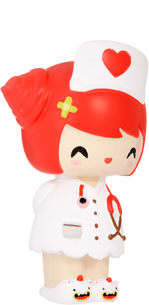 Dr Love Momiji doll with bright red hair, heart-shaped nurse hat, and yellow chicken slippers. Cute collectible with hidden message. — Momiji Doll