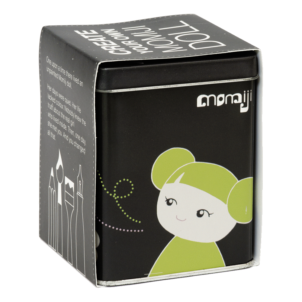 Black box featuring Papillon Momiji doll with green hair, art supplies, and "paint your own doll" on the packaging. — Momiji Doll