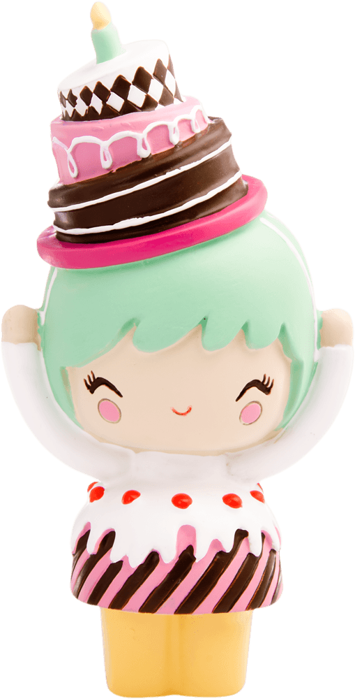 Birthday Girl Momiji doll with mint green hair, wearing a tiered cake hat in pink, brown, and white; cute collectible design. — Momiji Doll