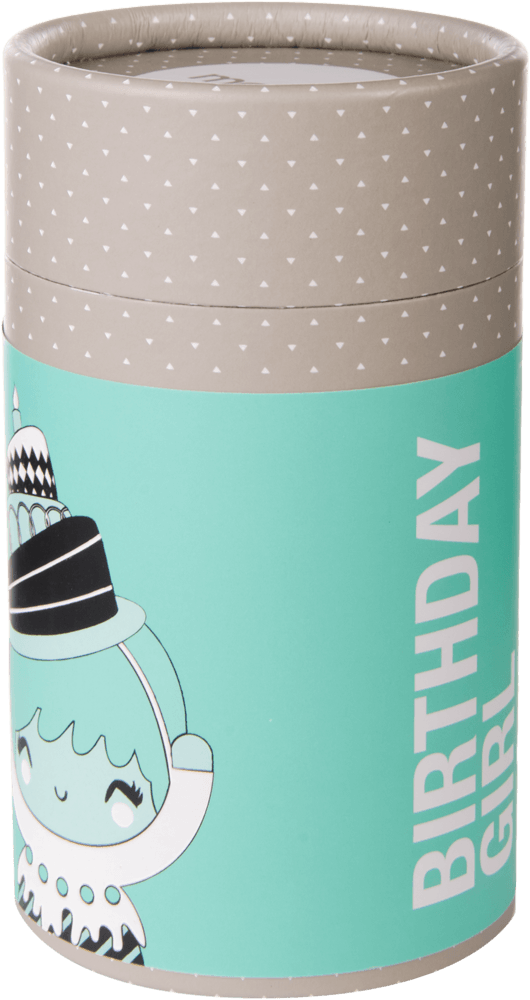 Birthday Girl Momiji doll gift box featuring the character in a party hat on a teal background. Kawaii collectible style. — Momiji Doll