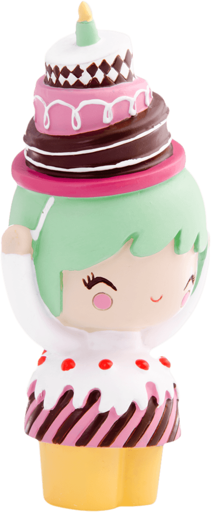 Birthday Girl Momiji doll with bright green hair, a cheerful smile, and a pastel cake hat topped by a single candle. — Momiji Doll