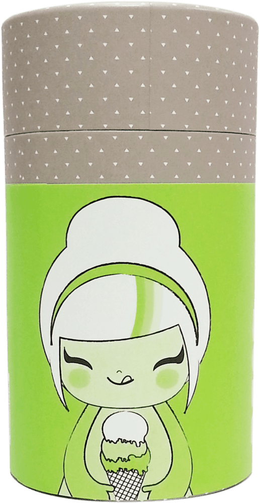 Best Friends Momiji doll in green and gray, featuring a kawaii girl holding ice cream and a patterned lid. — Momiji Doll