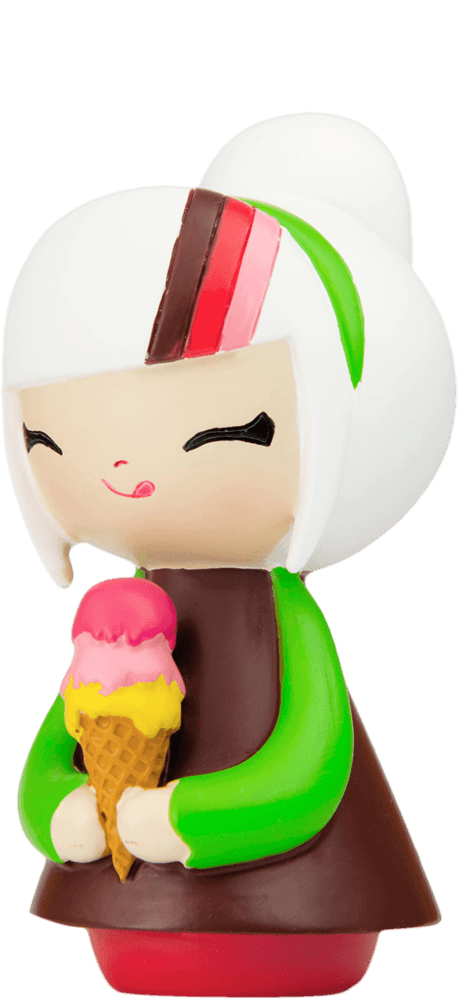 Best Friends Momiji doll with white hair, green sleeves, brown dress, holding an ice cream. Kawaii collectible character. — Momiji Doll