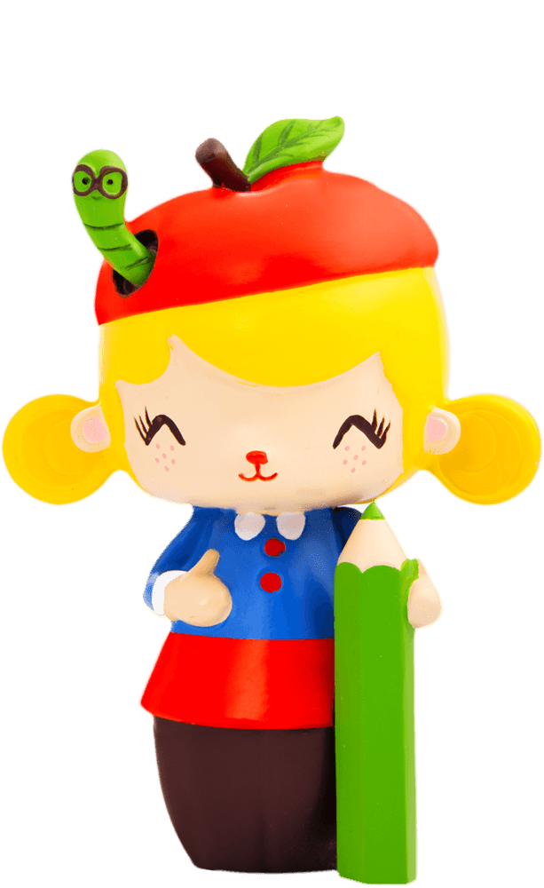 Doodles Momiji doll: kawaii girl with a red apple hat, green worm, big green pencil, happy smile; collectible with secret message. — Momiji Doll
