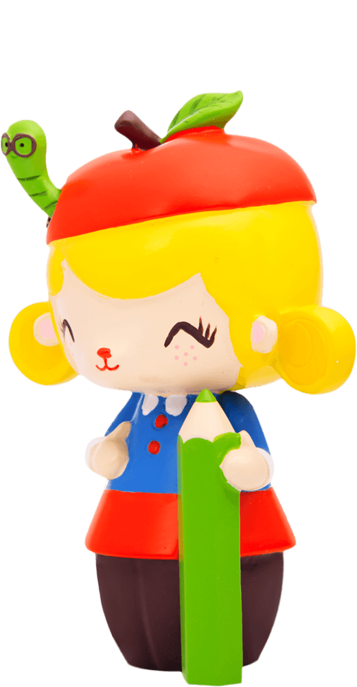 Doodles Momiji doll with blonde hair, a red apple hat, and holding a green pencil. Cute collectible character design. — Momiji Doll