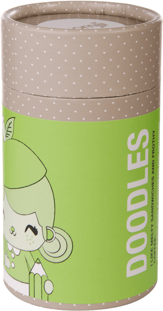 Doodles Momiji doll in a cylindrical container with green label, featuring a kawaii cartoon character; hides a secret message inside. — Momiji Doll