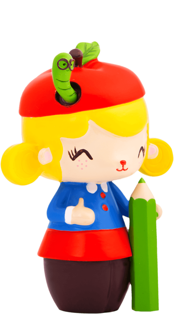 The Doodles Momiji doll has yellow hair, a red hat with a worm, blue top, big green pencil, and a cheerful smile. — Momiji Doll