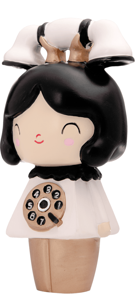 Chatty Momiji doll with glossy black hair, a vintage rotary phone design, and a hidden message compartment; kawaii collectible. — Momiji Doll