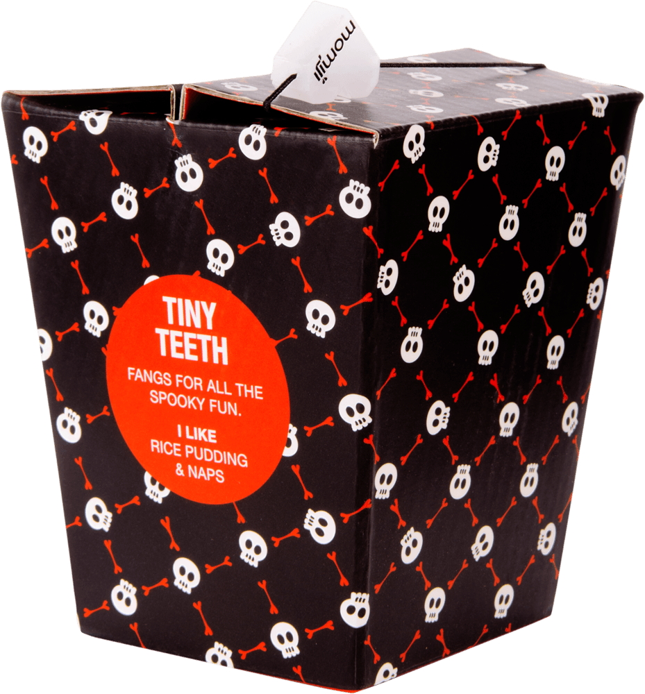 Tiny Teeth Momiji doll box—black takeout design with white skull, red bones. A cute Momiji gift for rice pudding fans. — Momiji Doll
