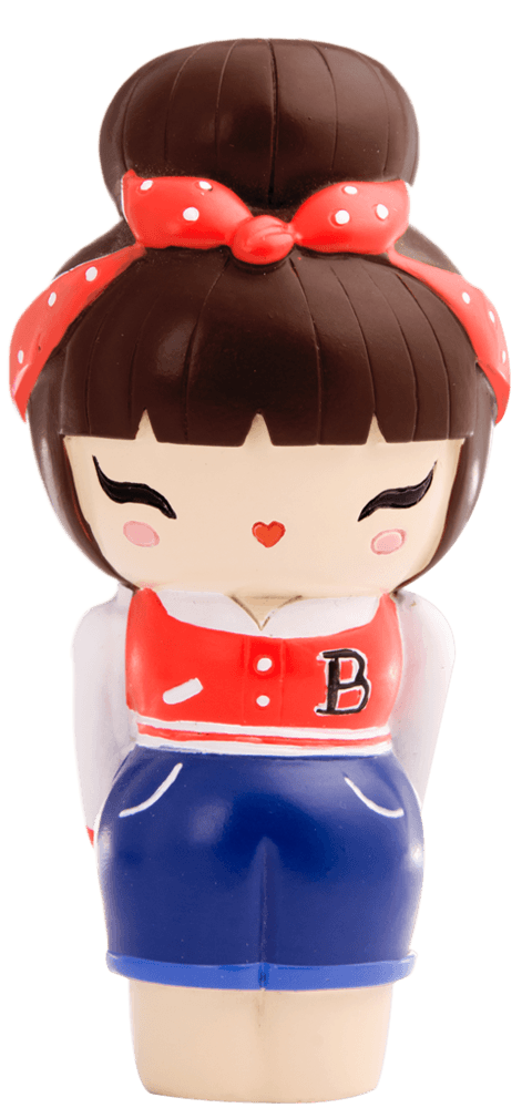 Rockabilly Momiji doll with brown hair in a bun, red headband, red "B" jacket, blue skirt; secret message inside. — Momiji Doll