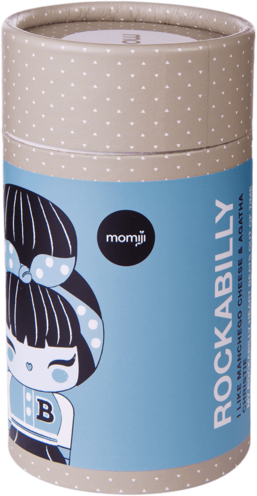 A kawaii Momiji doll Rockabilly box featuring a cartoon girl, blue and beige polka dots, inspired by Tokyo and Seoul street style. — Momiji Doll
