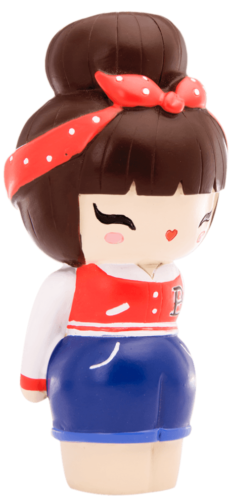 Momiji doll with brown hair in a bun, red headband, red jacket, and blue skirt; cute collectible with secret message inside. — Momiji Doll