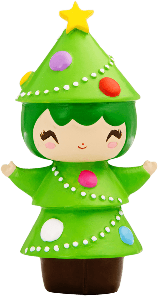 Noelle Momiji doll dressed as a Christmas tree, decorated with colorful ornaments and topped with a yellow star. — Momiji Doll