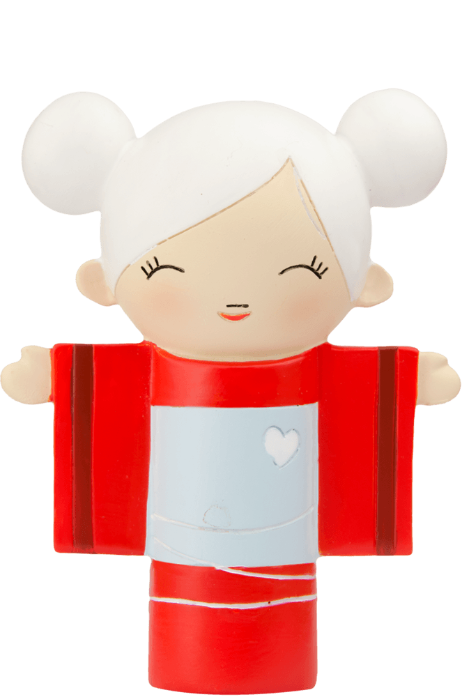 Blanche Momiji doll with white hair in buns, wide sleeves, and a white heart—kawaii collectible with secret message inside. — Momiji Doll