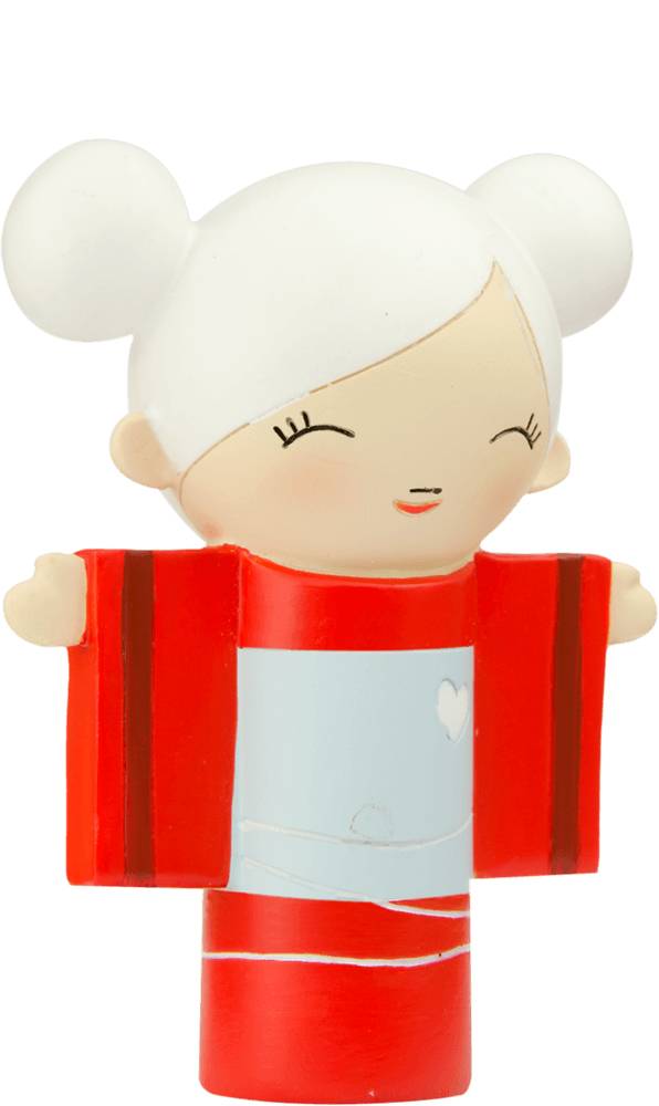Blanche Momiji doll with white hair in two buns, a happy smile, and cute kawaii features. — Momiji Doll