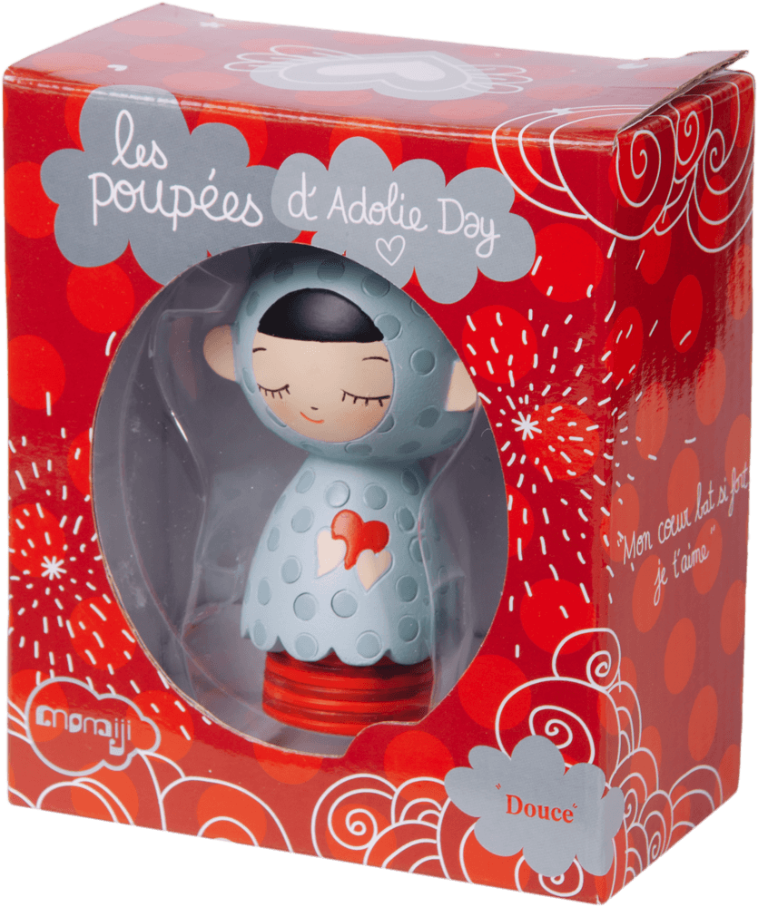 Douce Momiji doll in blue with heart, in a red heart box labeled Les poupées d'Adolie Day. Collectible with hidden message. — Momiji Doll