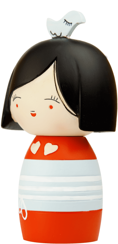 Piou Chou Momiji doll with black hair, red and white dress, and a tiny blue bird resting on her head. — Momiji Doll