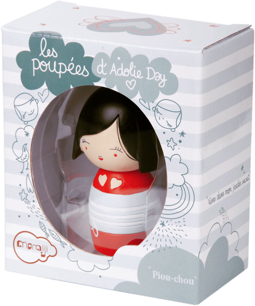 A boxed Momiji doll named Piou Chou with short black hair, wearing a red and white outfit, visible through the window box. — Momiji Doll