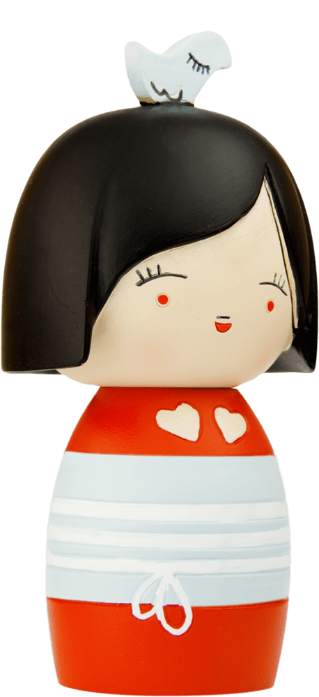 Piou Chou Momiji doll with short black hair, red and white dress with heart shapes, holding a small white bird. Collectible gift. — Momiji Doll