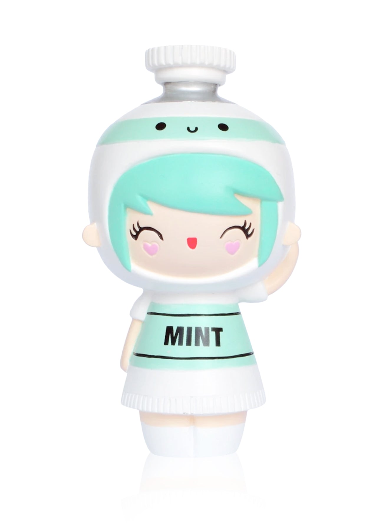 MINT Momiji doll with mint green hair, a smiling bottle cap hat, waving, and "MINT" on her dress. — Momiji Doll