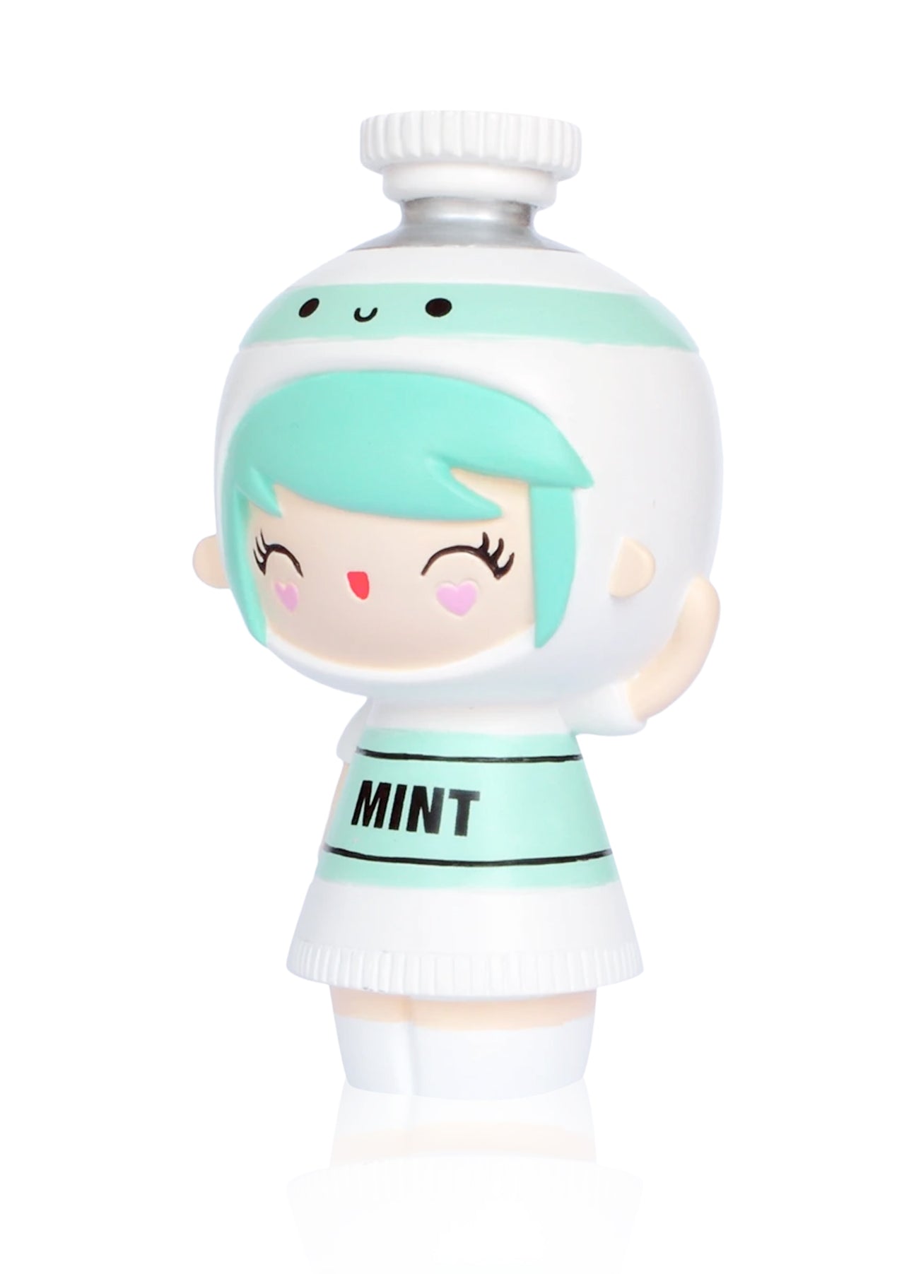 Momiji doll with mint-green hair, a white MINT dress, and a round helmet featuring a large smiling face. — Momiji Doll